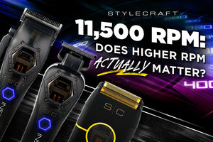 StyleCraft professional Instinct hair clipper, trimmer and foil shaver with Vector motors against a high-speed graphic background featuring the text ‘11,500 RPM: Does higher RPM actually matter?
