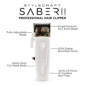 Saber 2 Professional Hair Clipper with EON Digital Brushless Motor, labelling each component of the machine.