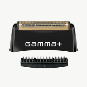 Black and gold Gamma+ electric shaver head with white logo, shown with the cutter on a white background.