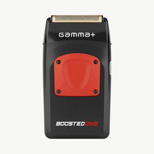 A black and red Gamma+ Boosted One electric shaver shown from the front against a solid white background.