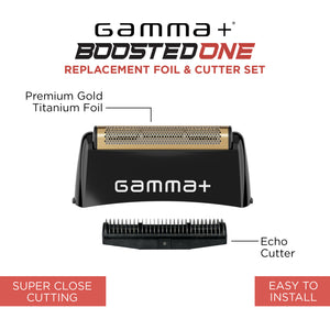 Boosted One Gold Titanium Single Foil & Echo Cutter infographic labeling the foil and cutter