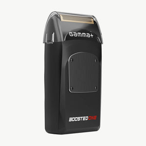 A black electric shaver with a brushed metal panel on the front, featuring the 'Gamma+' brand name in white and 'BOOSTED ONE' in white and red near the bottom, set against a plain white background.