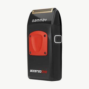 A black and red Gamma+ Boosted One electric shaver shown from a three-quarter angle on a solid white background.