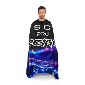 Man wearing a black cape with logos and a colorful draped fabric on a white background
