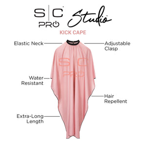 protection cape from S|C PRO Studio with text callouts highlighting features like elastic neck, adjustable clasp, water resistant, and hair repellent, on a white background.