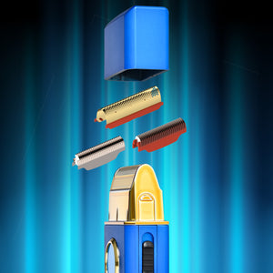 A close-up of blue uno professional single foil shaver with several detachable head pieces floating around it against a blue gradient background.