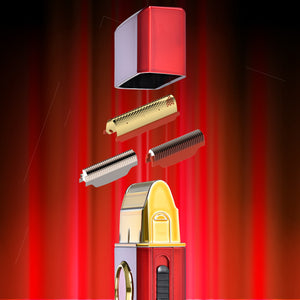 A disassembled Uno Professional Single Foil Shaver floating against a red curtain background, with the cap and internal components arranged above a partially assembled view of the product.