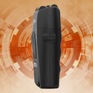 Boosted Professional Foil Shaver side view of comfort finger grooves with brand logo on an orange circular patterned background
