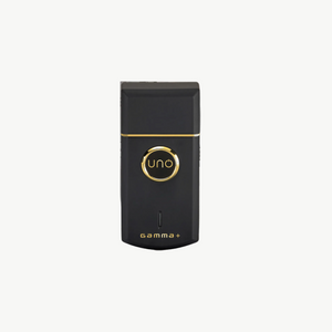 Uno Professional Single Foil Shaver with gold accents, featuring the 'uno' logo and 'gamma+' text, shown against a plain light grey background.