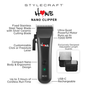 Stylecraft Nano Clipper hair trimmer shown on a white background with feature callouts and two black guide combs. The product is black with a small red and white Stylecraft logo and a green power indicator light.