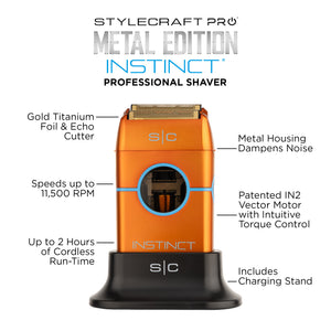 An orange Stylecraft Pro Metal Edition Instinct professional shaver with a black charging stand, shown on a white background with multiple callout text labels explaining features like gold titanium foil and echo cutter, metal housing, and 2 hours of cordless run-time.