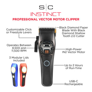 Instinct clipper with I N 2 Vector motor infographic, labeling each component of the machine. Different colored lids featured on the bottom left.