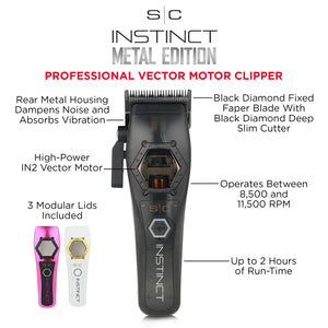Black Instinct Metal Professional Hair Clipper with I N 2 Vector Motor infographic, labeling each component of the machine. Different colored lids featured on the bottom left.