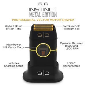 Instinct Metal Professional Double Foil Shaver with features highlighted on a white background