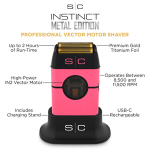 Instinct Metal Professional Double Foil Shaver with a gold metallic foil head, shown on a charging stand against a white background with feature callout text.