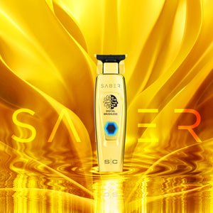 Gold Saber Trimmer with Digital Brushless Motor on a creative graphic backdrop