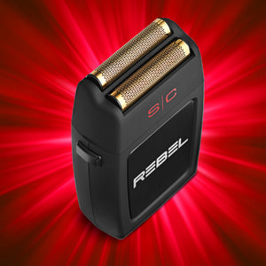 Rebel Professional Double Foil Shaver
shown against a red starburst background. The brand name 'REBEL' is printed in white on the front.