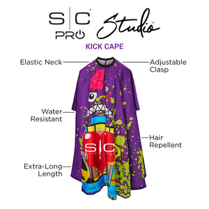 Colorful hair cutting cape with features labeled on a white background