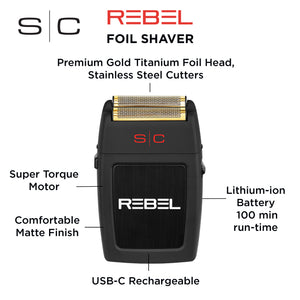 A black S|C Rebel foil shaver with labeled callouts pointing to features such as the premium gold titanium foil head, stainless steel cutters, super torque motor, lithium-ion battery, matte finish, and USB-C rechargeability, on a white background.