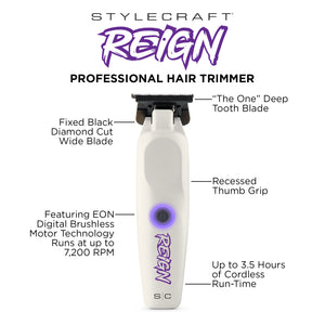 Reign trimmer with EON Digital Brushless Motor infographic chart and special features