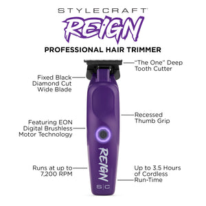 Reign trimmer with EON Digital Brushless Motor infographic chart and special features