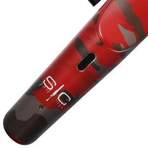 A close-up of a red and black camouflage-patterned vape device with a white 'S|C' logo, shown against a plain white background.