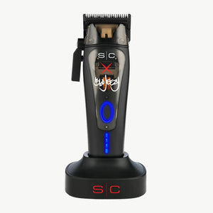 Black Style Craft and 360 Jeezy I N 2 Vector Hair Clipper with blue highlights in charging base.