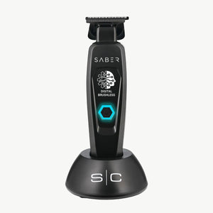 Black Saber Trimmer with Digital Brushless Motor in charging base.