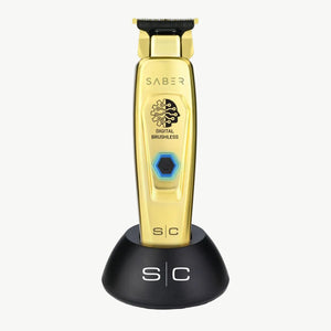 Gold Saber Trimmer with Digital Brushless Motor in charging base.
