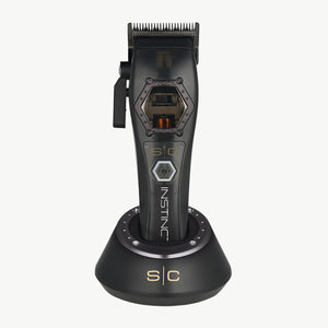 Black Instinct Metal Professional Hair Clipper with I N 2 Vector Motor in charging base.