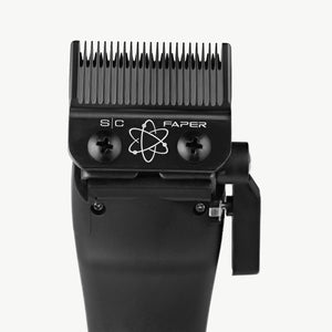 Black Instinct Metal Professional Hair Clipper with I N 2 Vector Motor viewed from behind, slightly zoomed in on black diamond fixed faper blade