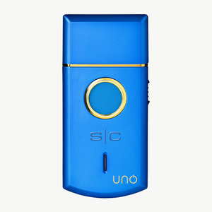 Blue and gold uno single foils shaver with cap on and 'uno' branding on a light grey background