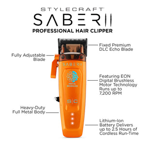 Saber 2 Professional Hair Clipper with EON Digital Brushless Motor, labelling each component of the machine.