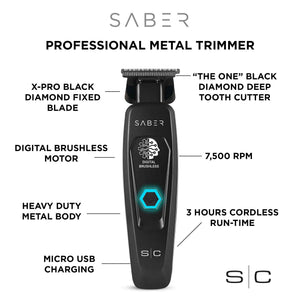 Saber Trimmer with Digital Brushless Motor infographic with special feature details