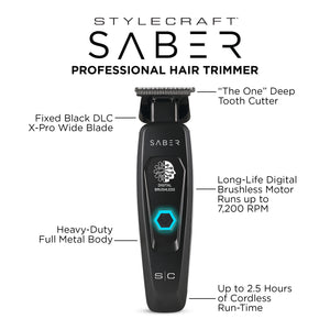Saber Trimmer with Digital Brushless Motor infographic with special feature details