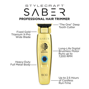 Saber Trimmer with Digital Brushless Motor infographic with special feature details