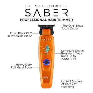 An orange Stylecraft Saber professional hair trimmer with multiple text callouts describing its features, set against a plain white background.