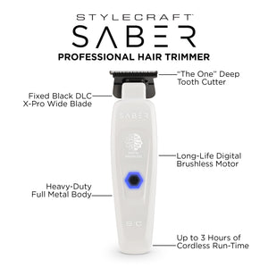 Saber Trimmer with Digital Brushless Motor infographic with special feature details