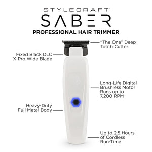 Saber Trimmer with Digital Brushless Motor infographic with special feature details