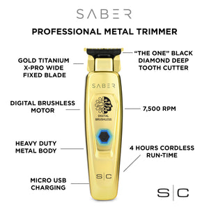 Saber Trimmer with Digital Brushless Motor infographic with special feature details