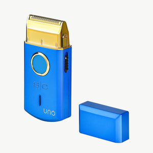Blue uno single foil shaver with a small cap on a light grey background