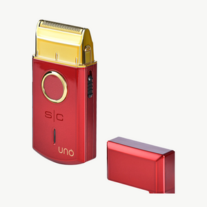 Uno Professional Single Foil Shaver shown next to its matching red cap on a plain white background.