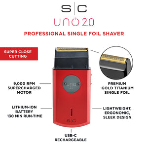 Red and black SC Uno 2.0 professional single foil shaver shown on a white background with feature callouts and an inset close-up of the blade.