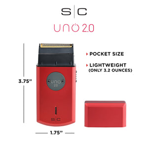 Red and black S|C Uno 2.0 Professional Single Foil Shaver shown with a separate red lid cap, along with dimension lines indicating 3.