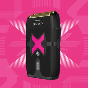 Gamma+ XCEED electric shaver with a prominent pink 'X' logo on the front, set against a vibrant pink graphic background.