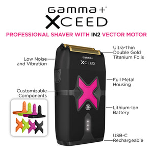 Gamma Xceed professional shaver with features highlighted on a white background