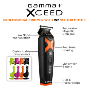 Gamma+ XCEED professional trimmer with labeled features and a small inset showing color options, on a white background.