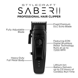 Black metal Saber 2 digital brushless clipper infographic, labelling each component of the machine.