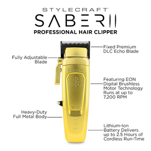 Gold metal Saber 2 digital brushless clipper infographic, labelling each component of the machine.