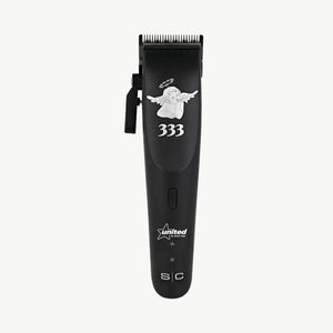 United By Short Hair x StyleCraft Rogue Clipper 333 Limited Edition in matte black with angel and 333 graphic, front view